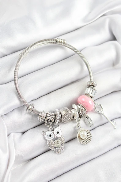 316L Çelik Pembe Zirkon Taşlı Baykuş İstiridye Ve Anahtar Model Gümüş Renk Charm Bileklik ürün görseli 1