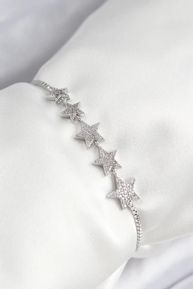 Pirinç Zirkon Taşlı Sıralı Yıldız Model Gümüş Renk Asansörlü Kadın Bileklik ürün görseli
