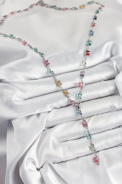 Pirinç Renkli Zirkon Taşlı Kelebek Model Gümüş Renk Kadın Y Kolye - Resim 2