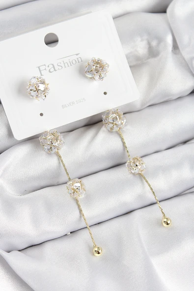 Pirinç Zirkon Taşlı Sallantılı Model Gold Renk 925 Ayar Gümüş Çivi Kadın Küpe