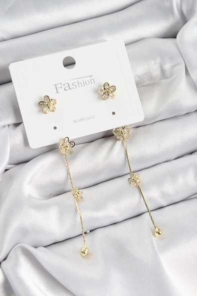 Pirinç Zirkon Taşlı Sallantılı Çiçek Model Gold Renk 925 Ayar Gümüş Çivi Kadın Küpe ürün görseli 1