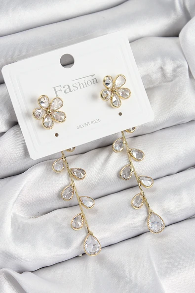 Pirinç Zirkon Taşlı Sallantılı Çiçek Model Gold Renk 925 Ayar Gümüş Çivi Kadın Küpe ürün görseli 1