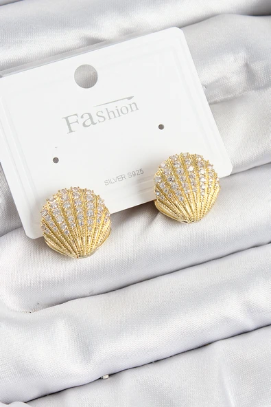 Pirinç Zirkon Taşlı İstiridye Model Gold Renk 925 Ayar Gümüş Çivi Kadın Küpe ürün görseli