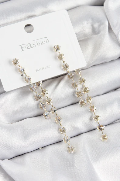 Pirinç Zirkon Taşlı Sallantılı  Model Gold Renk 925 Ayar Gümüş Çivi Kadın Küpe ürün görseli 1