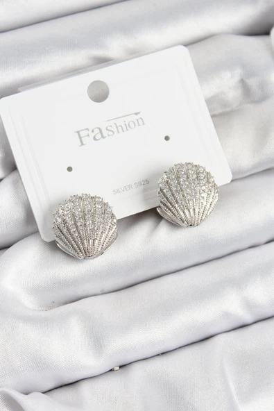 Pirinç Zirkon Taşlı İstiridye Model Gümüş Renk 925 Ayar Gümüş Çivi Kadın Küpe ürün görseli 1