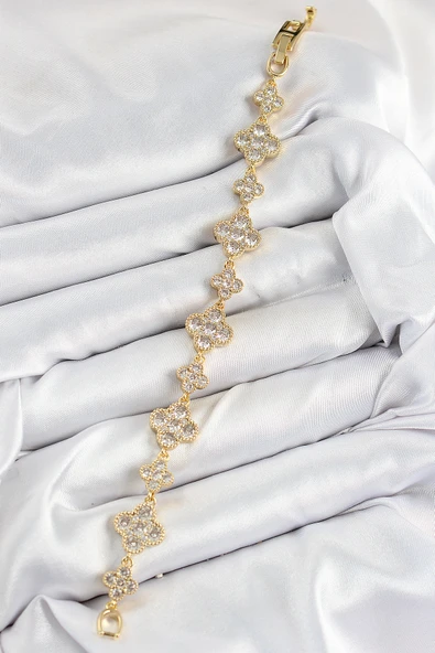 Pirinç Zirkon Taşlı Yonca Model Gold Renk VIP Seri Kadın Bileklik - Resim 2