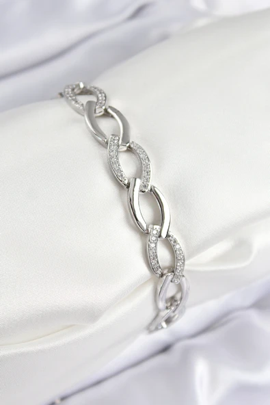 Pirinç Zirkon Taşlı Zincir Model Gümüş Renk Kadın Bileklik ürün görseli 1