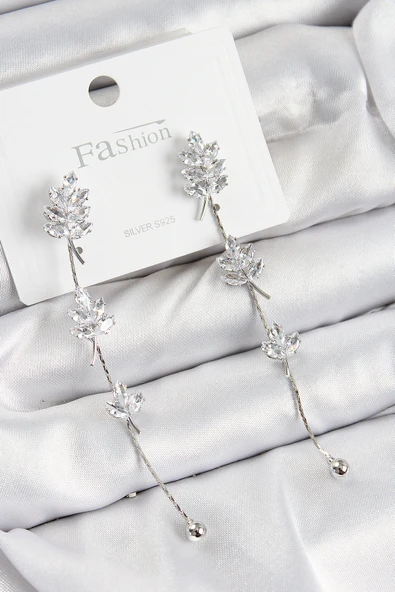 Pirinç Zirkon Taşlı Sallantılı  Model Gümüş Renk 925 Ayar Gümüş Çivi Kadın Küpe ürün görseli 1