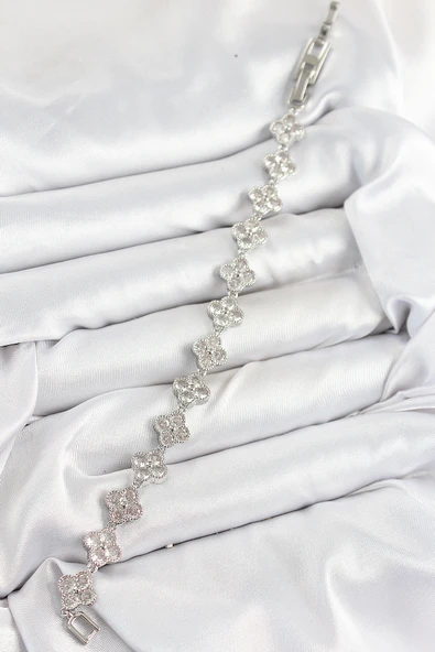 Pirinç Zirkon Taşlı Yonca Model Gümüş Renk VIP Seri Kadın Bileklik - Resim 2