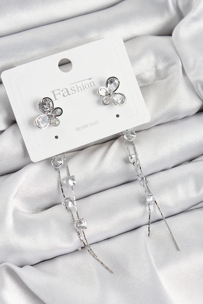 Pirinç Zirkon Taşlı Sallantılı Kelebek Model Gümüş Renk 925 Ayar Gümüş Çivi Kadın Küpe ürün görseli 1