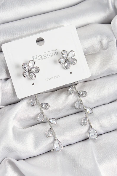 Pirinç Zirkon Taşlı Sallantılı Çiçek Model Gümüş Renk 925 Ayar Gümüş Çivi Kadın Küpe ürün görseli 1