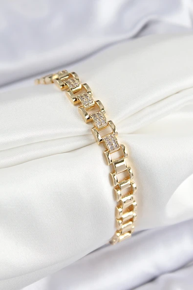 Pirinç Zirkon Taşlı Parçalı Model Gold Renk Kadın Bileklik ürün görseli 1