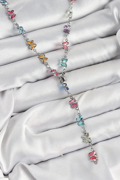 Pirinç Renkli Zirkon Taşlı Kelebek Model Gümüş Renk Kadın Y Kolye ürün görseli 1