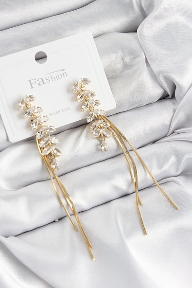 Pirinç Zirkon Taşlı Sallantılı Model Gold Renk 925 Ayar Gümüş Çivi Kadın Küpe ürün görseli 1