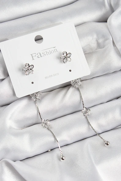 Pirinç Zirkon Taşlı Sallantılı Çiçek Model Gümüş Renk 925 Ayar Gümüş Çivi Kadın Küpe ürün görseli 1