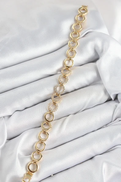 Pirinç Zirkon Taşlı Sıralı Halka Model Gold Renk Kadın Bileklik - Resim 2