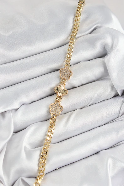 Pirinç Zirkon Taşlı Yonca Model Gold Renk Kadın Bileklik - Resim 2