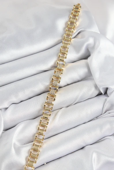 Pirinç Zirkon Taşlı Parçalı Model Gold Renk Kadın Bileklik - Resim 2