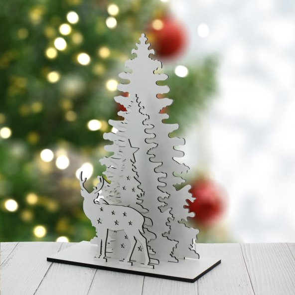 31x17cm Yılbaşı Dekor Demonte Çam Ahşap Ağaç ve Geyik - 2