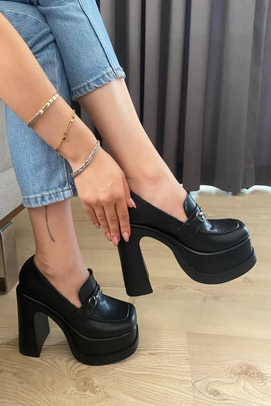 Kadın Clara Siyah Deri İnce Tokalı Lofer Model 12 cm  Platform Topuklu Ayakkabı - Resim 3