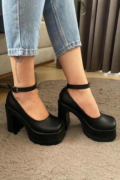 Kadın Elanor Siyah Deri Bilekten Bağlamal (12 cm ) Platform Topuklu Ayakkabı - 3