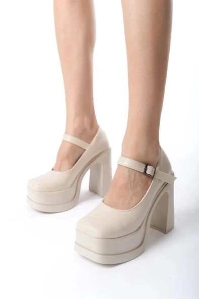 Kadın Napoli Krem Cilt Tek Baretli  (12 cm ) Platform Topuklu Ayakkabı - 3