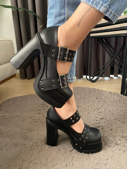 Kadın İzabel Sıyah Deri İki Tokalı Kapsul Detaylı 12 cm Platform Topuklu Ayakkabı - 3