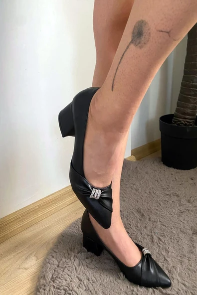 Kadın Mita Siyah Fiyonk Taşlı Alcak Ökçe Abiye Ayakkabı - 3