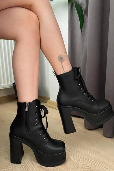 Kadın Simya Siyah Bağcıklı Detaylı 12 cm Platform Topuklu Fermuarlı Bot - 2