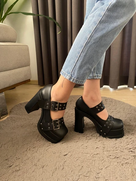 Kadın İzabel Sıyah Deri İki Tokalı Kapsul Detaylı 12 cm Platform Topuklu Ayakkabı - 5