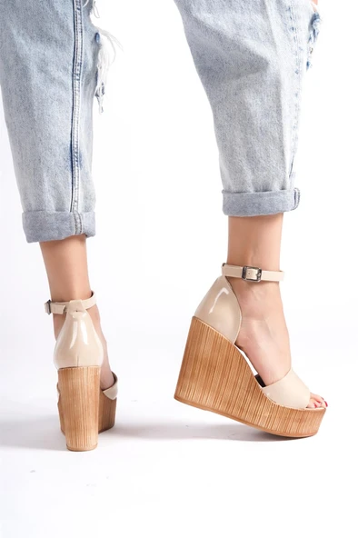 Kadın Verla Bej Rugan Tek Bant Yüksek Dolgu Taban Ayakkabı - 3