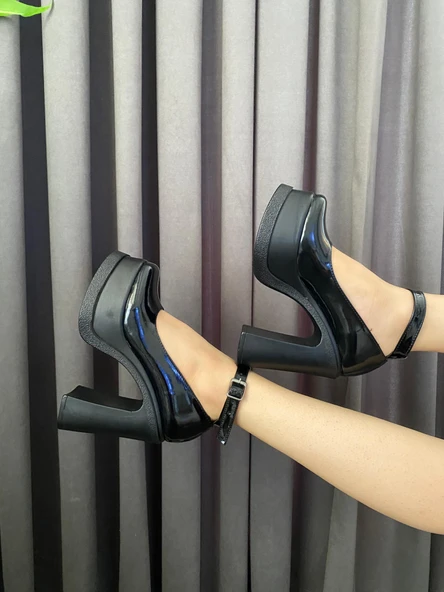 Kadın Elanor Siyah Rugan Bilekten Bağlamal (12 cm ) Platform Topuklu Ayakkabı - 5