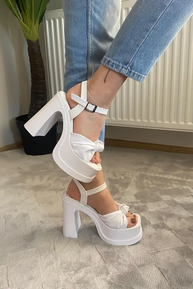 Kadın Sersi Beyaz Fiyonk Bantlı (12 cm ) Platform Topuklu Ayakkabı ürün görseli 1