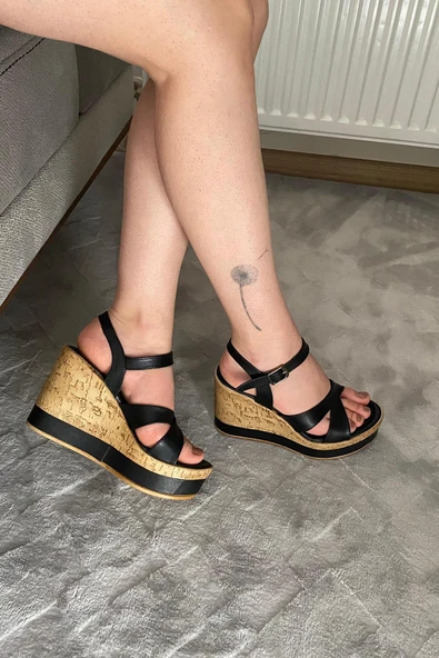 Kadın Demora Siyah Cilt Çapraz Bant Dolgu Taban Ayakkabı - 4