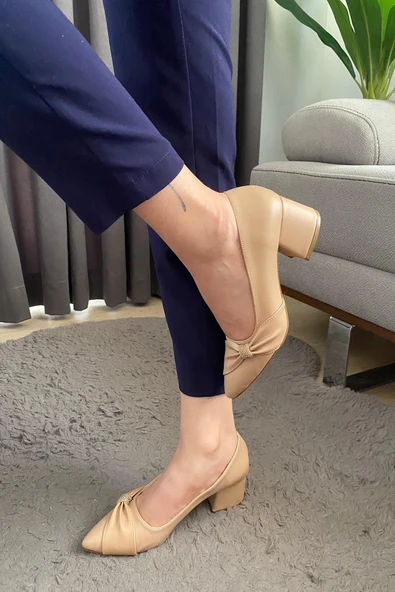 Kadın Mita Ten Cilt  Fiyonk Taşlı Alcak Ökçe Abiye Ayakkabı - 8