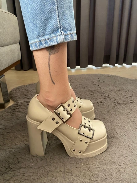 Kadın İzabel Krem İki Tokalı Kapsul Detaylı 12 cm Platform Topuklu Ayakkabı - 2