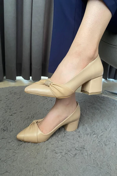 Kadın Mita Ten Cilt  Fiyonk Taşlı Alcak Ökçe Abiye Ayakkabı - 6