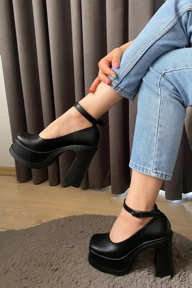 Kadın Elanor Siyah Deri Bilekten Bağlamal (12 cm ) Platform Topuklu Ayakkabı - 5