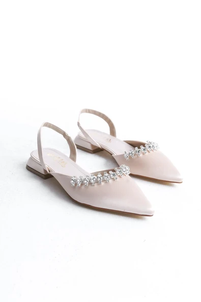 Kadın Best Krem Ten Saten Taşlı Arkası Açık Lastikli 2,5 Cm Kısa Blok Topuklu - 3