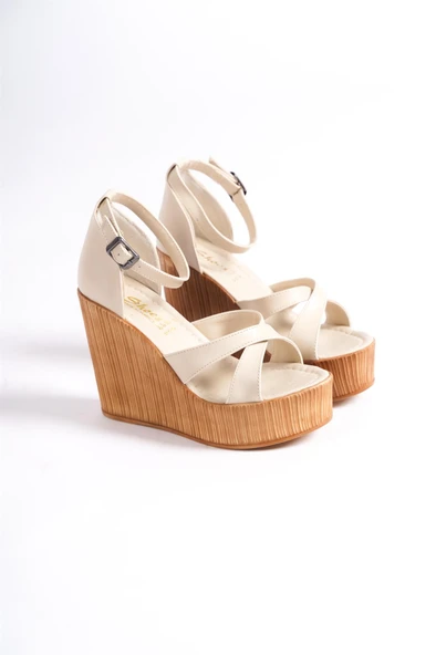 Kadın Verla Bej Çapraz Bant Yüksek Topuklu Dolgu Taban Ayakkabı - 4