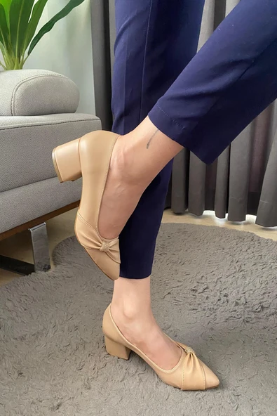 Kadın Mita Ten Cilt  Fiyonk Taşlı Alcak Ökçe Abiye Ayakkabı - 2