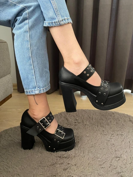 Kadın İzabel Sıyah Deri İki Tokalı Kapsul Detaylı 12 cm Platform Topuklu Ayakkabı - 2