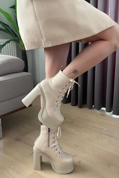 Kadın Simya Krem Bağcıklı Detaylı 12 cm Platform Topuklu Fermuarlı Bot ürün görseli