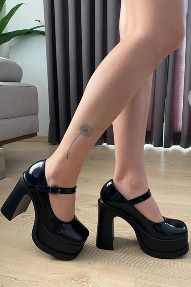 Kadın Napoli Siyah Rugan Tek Baretli  (12 cm ) Platform Topuklu Ayakkabı - 4