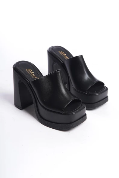 Kadın Marci Siyah Geniş Bantlı (12 cm ) Platform Topuklu Terlik - 4
