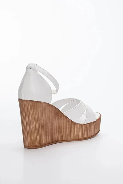 Kadın Verla Çapraz Bant Yüksek Topuklu Dolgu Taban Ayakkabı - 4