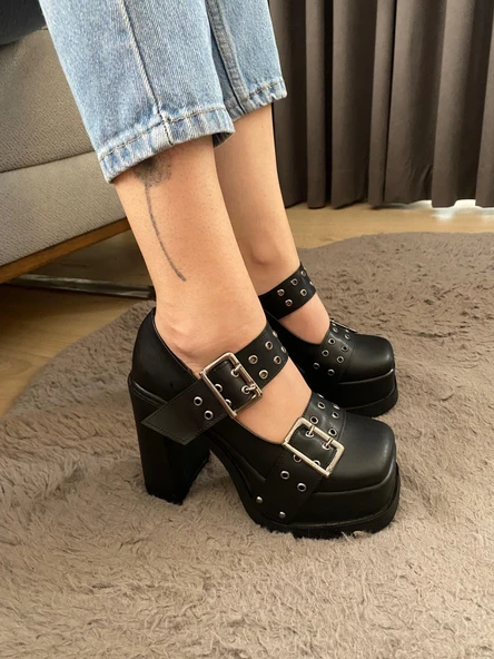 Kadın İzabel Sıyah Deri İki Tokalı Kapsul Detaylı 12 cm Platform Topuklu Ayakkabı - 4