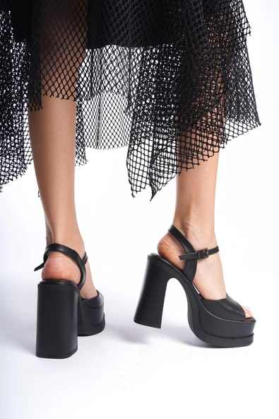 Kadın Lenisi Siyah Cilt Tek Bantlı (12 cm ) Platform Topuklu Ayakkabı - 3