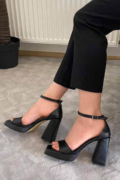 Kadın Verlino Siyah Cilt Tek Bantlı Bantlı Bilektan Bağlamalı 10 cm Platfom Topuklu Aykkabı - 5