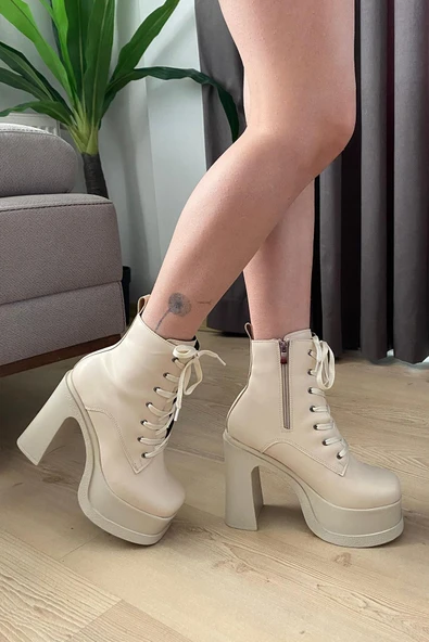 Kadın Simya Krem Bağcıklı Detaylı 12 cm Platform Topuklu Fermuarlı Bot - Resim 5